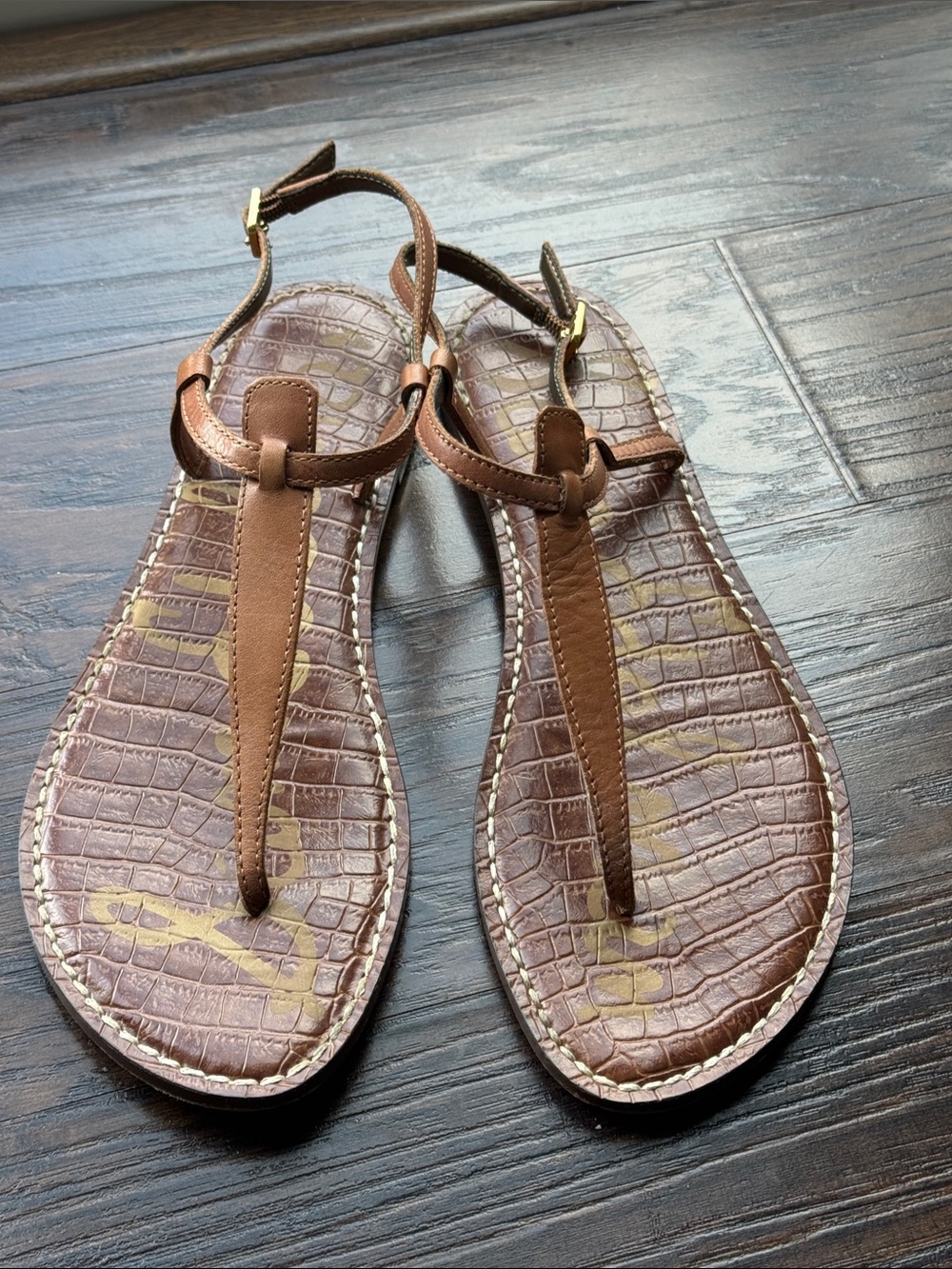 Sam Edelman Brown Leather T-Strap Sandals with Gold Buckles